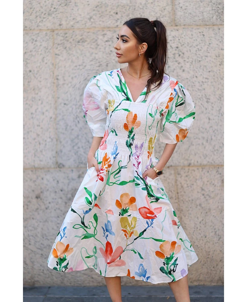 Jessie Zhao New York Marisa Smocked V-Neck Midi Dress