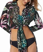 Carmen Marc Valvo Women's Printed Tie-Front Swim Cover-Up Shirt