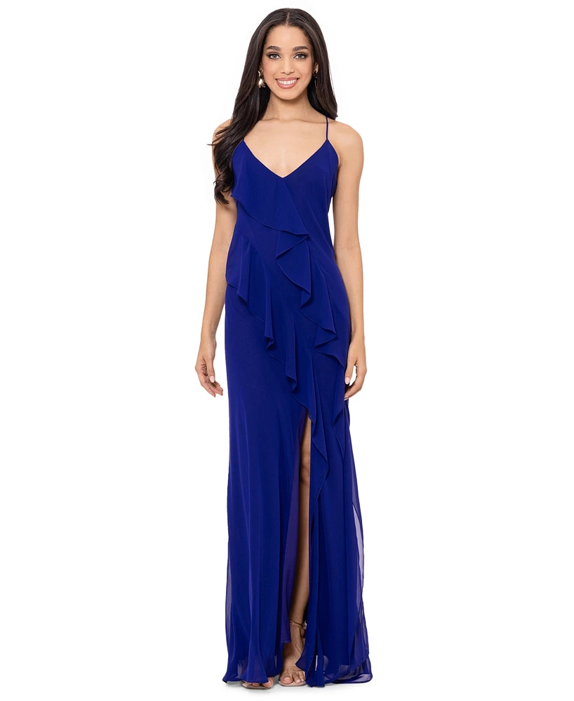 Betsy & Adam Women's Ruffle-Trim Spaghetti-Strap Gown