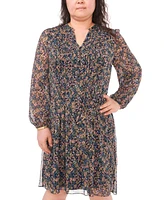 Msk Plus Floral-Print Chiffon Pintuck Shirtdress