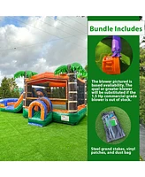 Xjump Tropical Commercial Grade Bounce House Water Slide with Splash Pool for Kids and Adults (with Blower), 15oz Pvc Vinyl, Basketball Hoop, Wet Dry