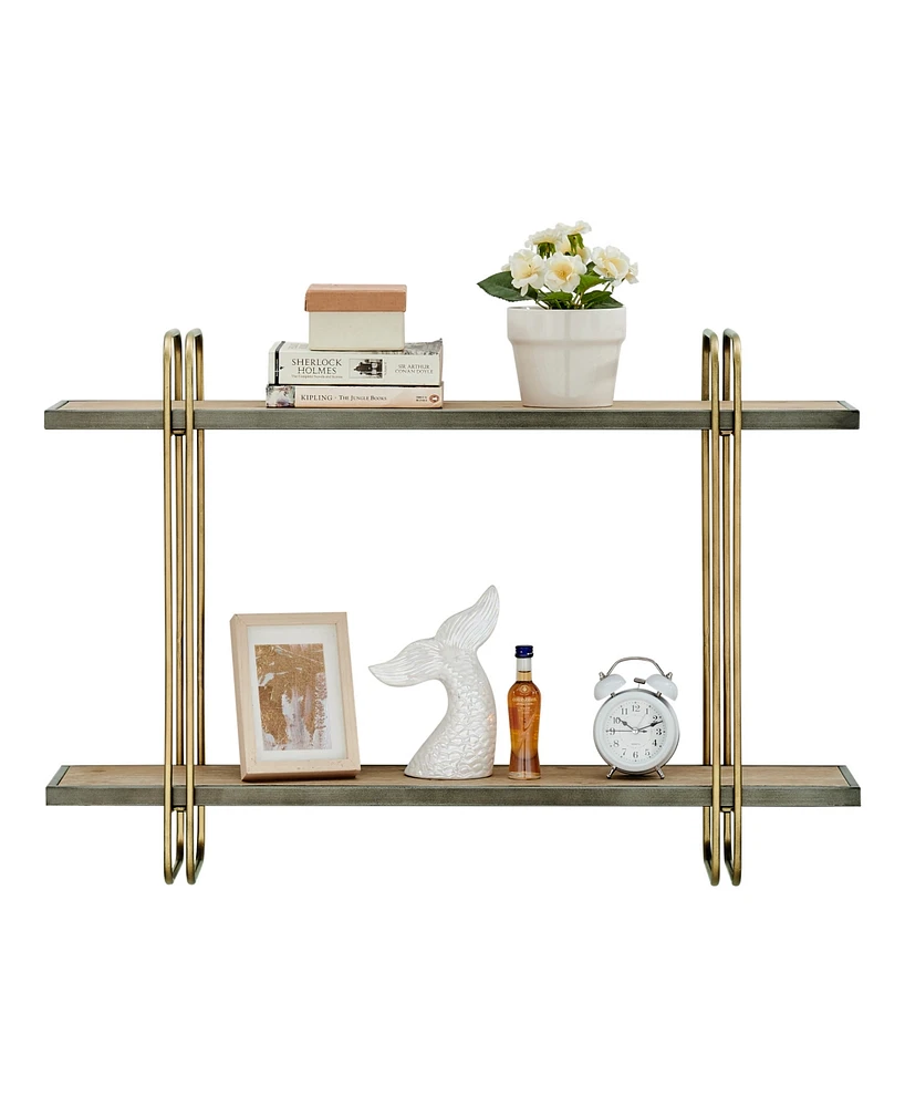 Danya B Two-Tier Warm Gold-Tone and Washed Oak Brown Metal Hanging Bracket Wall Mounted Shelf