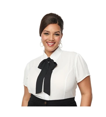 Plus Size Bow Collared Short Sleeve Power Play Blouse