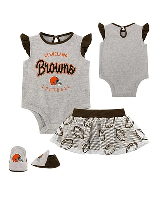 Baby Boys and Girls Heather Gray, Brown Cleveland Browns All Dolled Up Three-Piece Bodysuit, Skirt and Booties Set