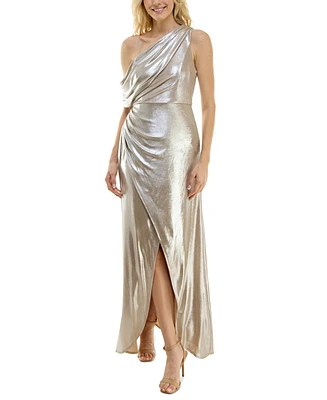 Taylor Women's Silky-Knit Foil Slit-Front One-Shoulder Gown