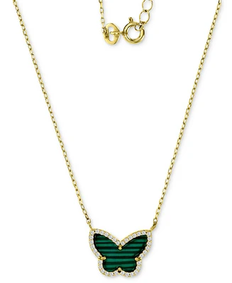 Simulated Malachite & Cubic Zirconia Butterfly Pendant Necklace in 14k Gold-Plated Sterling Silver, 18" + 2" extender