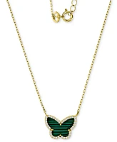 Simulated Malachite & Cubic Zirconia Butterfly Pendant Necklace in 14k Gold-Plated Sterling Silver, 18" + 2" extender