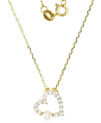 Cubic Zirconia & Imitation Pearl Open Heart Pendant Necklace in 14k Gold-Plated Sterling Silver, 16" + 2" extender