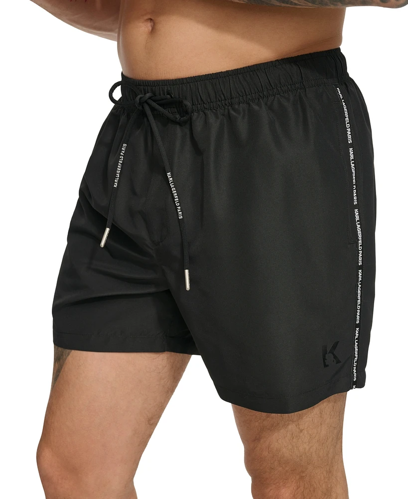 Karl Lagerfeld Paris Men's Logo Tape Drawstring 5" Swim Trunks