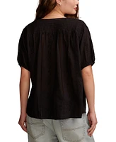 Lucky Brand Women's Cotton Embroidered Smocked-Shoulder Top