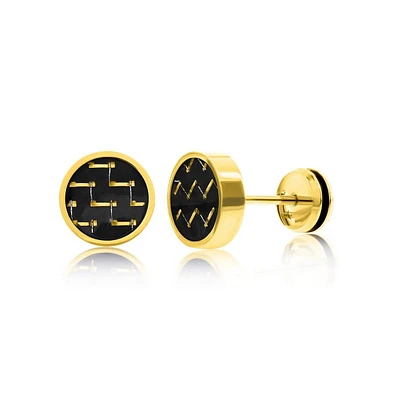 Metallo Gold Plated Over Stainless Steel 10mm Black Carbon Fiber Stud Earrings