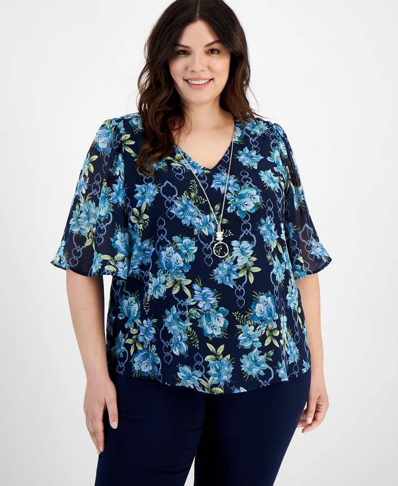 Jm Collection Plus Garden Lattice Flutter-Sleeve Top, Created for Macy's