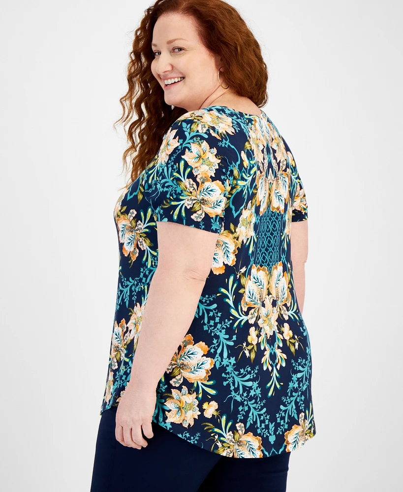 Jm Collection Plus Oasis Flora Scoop-Neck Top, Created for Macy's