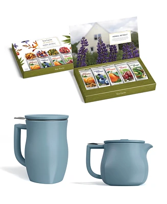 Tea Forte Fiore Stone Blue Teaware and Single Steeps Tea Bundle, 4 Piece