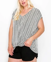 Coin 1804 Plus Variegated Textured Stripe V Neck Twist Front Top