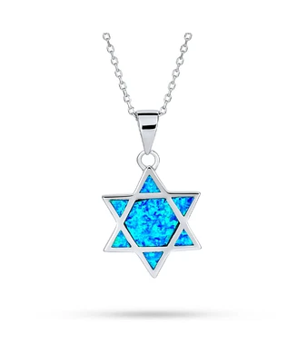 Bling Jewelry Hanukkah Magen Judaic Blue Created Opal Inlay Star Of David Pendant Necklace For Bat Mitzvah For Women .925 Sterling Silver