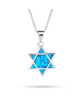 Bling Jewelry Hanukkah Magen Judaic Blue Created Opal Inlay Star Of David Pendant Necklace For Bat Mitzvah For Women .925 Sterling Silver