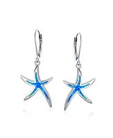 Bling Jewelry Nautical Aquatic Tropical Beach Vacation Iridescent Synthetic Blue Opal Inlay Starfish Dangle Drop Lever back Earrings For Women Sterlin