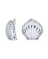 Bling Jewelry Carved Seashell Shaped Nautical Clip On Earrings For Women Non Pierced Ears Sterling Silver Alloy Clip