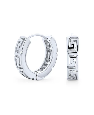 Greek Key Cutout Huggie Kpop Hoop Earrings For Women Men.925 Sterling Silver Polished Hinge Diameter 0.60 In