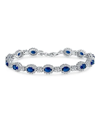 Bling Jewelry Cocktail Statement Halo Oval Cz Royal Blue Bracelet For Women Sterling Silver Rhodium Plated 7.5 Inch