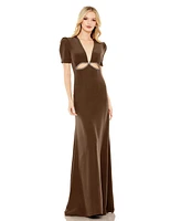 Mac Duggal Women's Ieena Plunge Neck Puff Sleeve Cut Out Gown