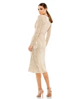 Mac Duggal Women's Ieena Long Sleeve Sequined Midi Dress