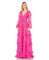 Mac Duggal Women's Cascaded Ruffle Puff Sleeve A Line Gown