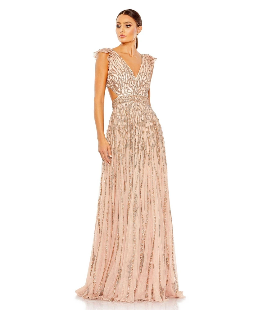 Women's Sequined Flutter Cap Sleeve Cut Out A Line Gown