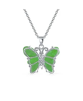 Bling Jewelry Handcrafted Carved Green Natural Jade Garden Butterfly Pendant Necklace For Women Sterling Silver With Chain