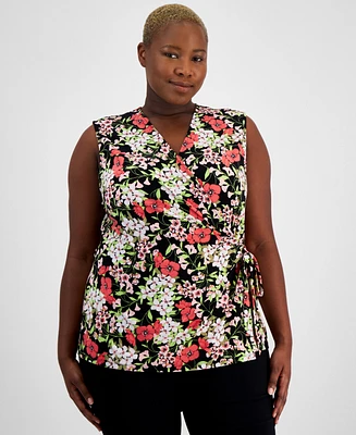 Anne Klein Plus Printed Faux-Wrap Sleeveless Top, Created for Macy's