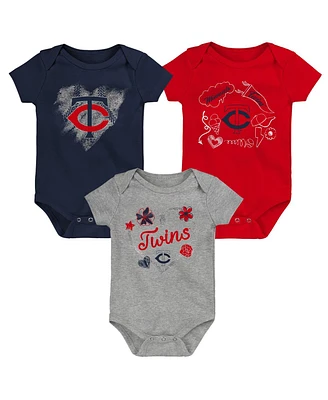 Baby Boys and Girls Navy, Red, Gray Minnesota Twins Batter Up 3-Pack Bodysuit Set
