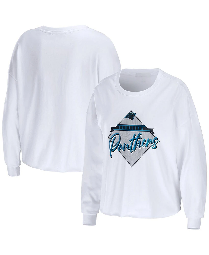 Women's Wear by Erin Andrews White Carolina Panthers Domestic Cropped Long Sleeve T-shirt