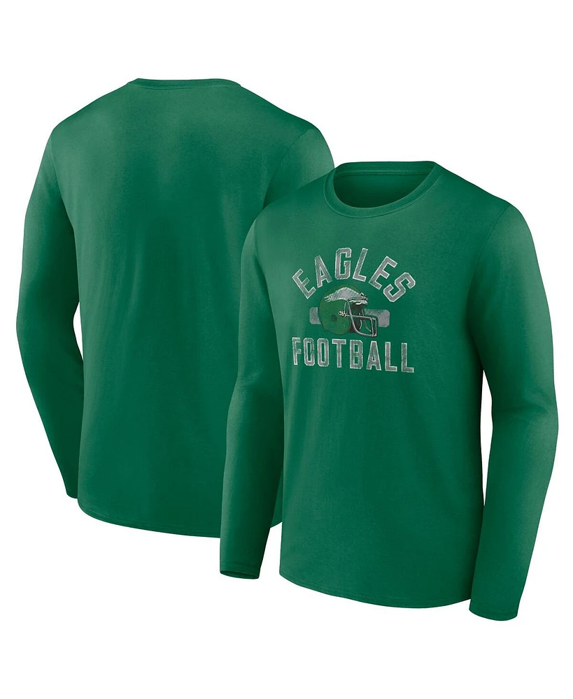 Men's Fanatics Kelly Green Distressed Philadelphia Eagles Gridiron Classics Retro Block Long Sleeve T-shirt