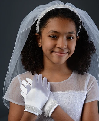 Bonnie Jean Beaded First Communion Headband Double Veil and Gloves