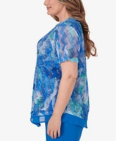 Alfred Dunner Plus Size Neptune Beach Tie Dye Textured Top with Necklace