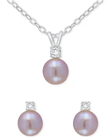 2-Piece Set Dyed Black Pearl (6mm) & White Topaz Accent Pendant Necklace Matching Stud Earrings Sterling Silver (Also Pink Cultur