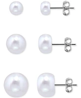 3-Pc. Set Cultured Freshwater Pearl (5, 7 & 9mm) Graduated Stud Earrings in Sterling Silver, Created for Macy's