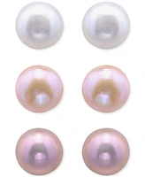 3-Pc. Set Multicolor Cultured Freshwater Pearl (8mm)Stud Earrings in Sterling Silver