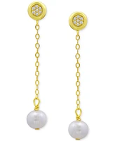 Giani Bernini Cultured Freshwater Pearl (7mm) & Cubic Zirconia Chain Drop Earrings 18k Gold