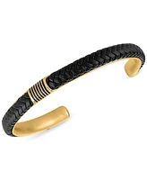 Esquire Men's Jewelry Woven Leather Cuff Bracelet in Gold-Tone Ion-Plated Stainless Steel, Created for Macy's