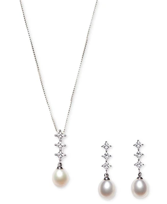 Cultured Freshwater Pearl (7x9mm) and Cubic Zirconia Pendant Necklace & Earring Set in Sterling Silver