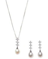 Cultured Freshwater Pearl (7x9mm) and Cubic Zirconia Pendant Necklace & Earring Set in Sterling Silver
