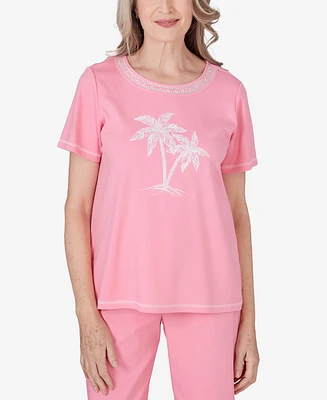 Alfred Dunner Petite Miami Beach Embroidered Palm Tree Short Sleeve Top