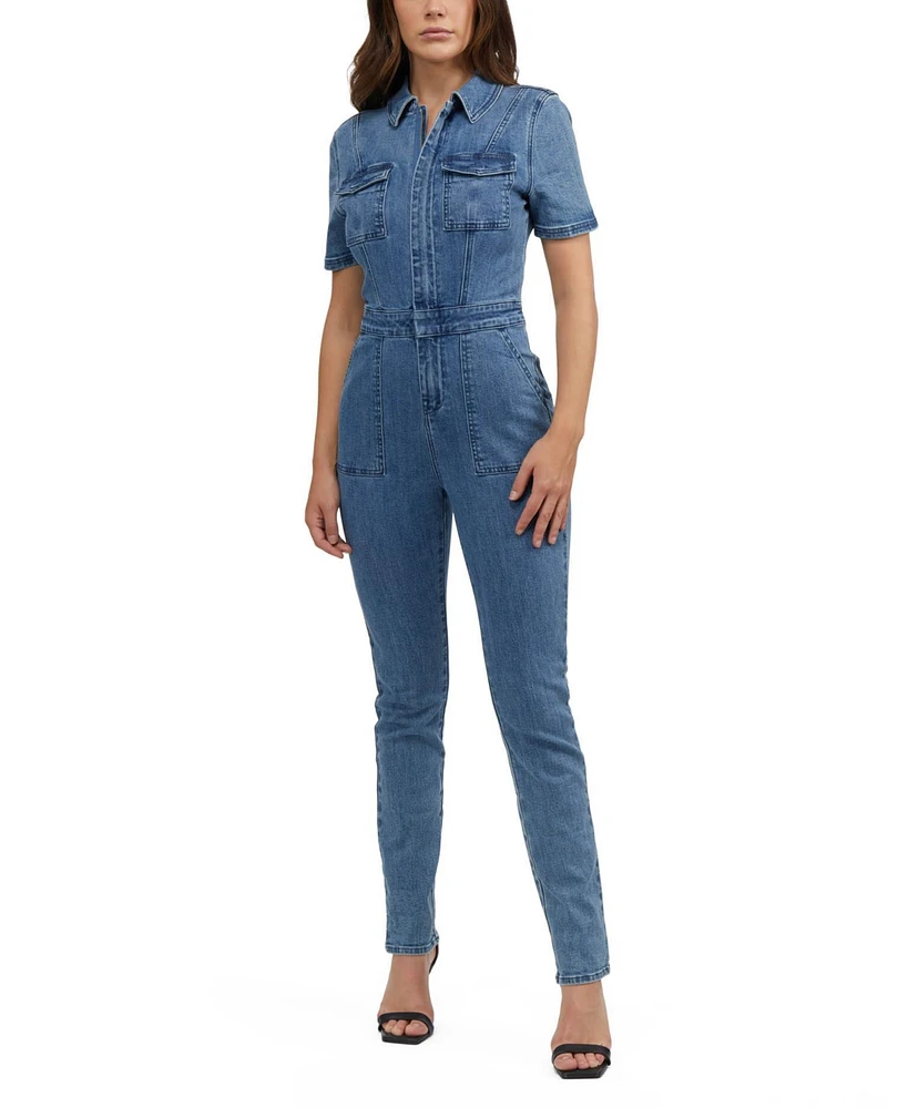 Bebe Women's Straight Leg Zip Front Denim Jumpsuit