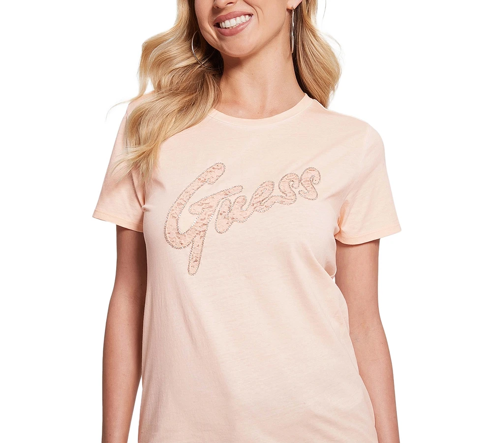 Guess Women's Cotton Lace-Logo Short-Sleeve Easy T-Shirt
