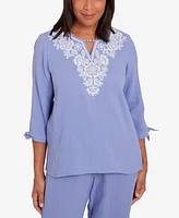 Alfred Dunner Women's Summer Breeze Embroidered Top with Tie Sleeves