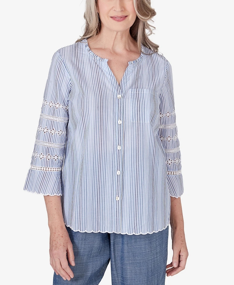 Alfred Dunner Women's Bayou Pinstripe Embroidered Button Down Top