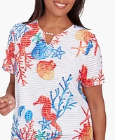 Alfred Dunner Petite Neptune Beach Seahorse Textured Short Sleeve Top