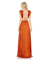 Mac Duggal Women's Ieena Pleated Ruffled Cap Sleeve Cut Out Lace Up Gown